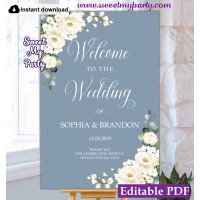 Dusty Blue Wedding Welcome sign template,Ivory roses welcome sign template,(141)